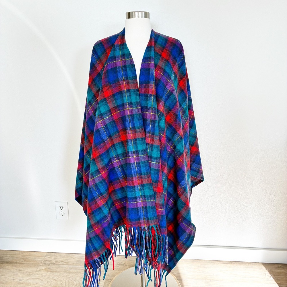 Vtg Pendleton Plaid Cape OS Multicolor Tartan Virgin Wool Fringed Wrap USA